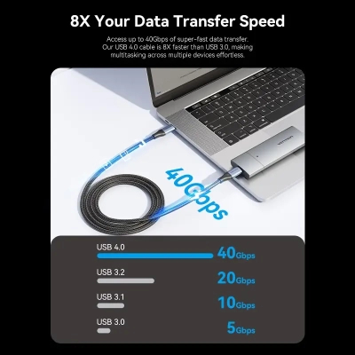 Дата кабель USB-C to USB-C 1.0m USB4.0 240W (50V/5A) 8K60Hz Thunderbolt 4 Gray Aluminum Alloy Vention (TAVHF)