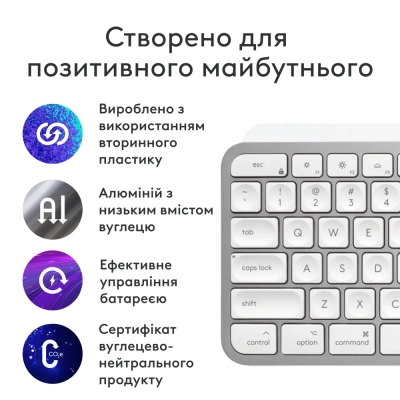 Клавіатура Logitech MX Keys S для MAC Bluetooth/Wireless UA Pale Grey (920-011638)