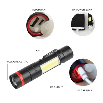 Ліхтар Quantum Assistant 3W LED+COB з USB з функцією Power Bank (QM-FL1030)