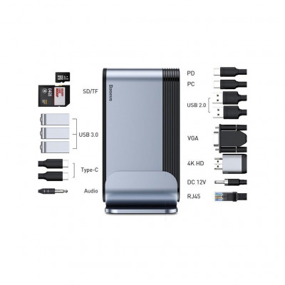 Концентратор Baseus USB3.2 Type-C to 1xHDMI/VGA/4xUSB-C/5xUSB/RJ45/SD/TRRS 3.5mm/PD 100W + PA 16 in 1 (CAHUB-BG0G)
