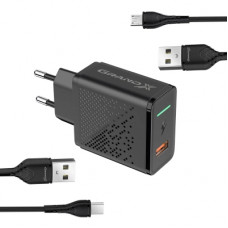 Зарядний пристрій Grand-X QC3.0 18W + microUSB + Type-C cables (CH-650MT)
