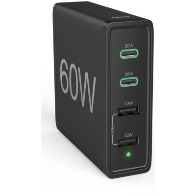 Зарядний пристрій Hama 2xUSB-C PD/QC, 2xUSB-A, 60W Black (00201628)