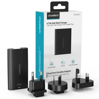 Зарядний пристрій Choetech 2xUSB 65W GaN (USB-C+USB-A) Ultra thin (PD6011-EU-BK)