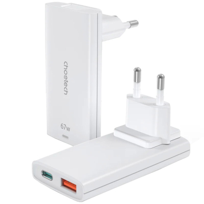 Зарядний пристрій Choetech 2xUSB 65W GaN (USB-C+USB-A) Ultra thin (PD6011-EU-WH)
