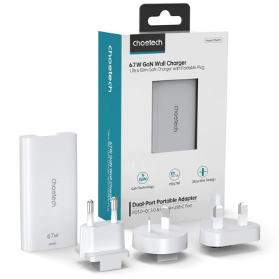Зарядний пристрій Choetech 2xUSB 65W GaN (USB-C+USB-A) Ultra thin (PD6011-EU-WH)