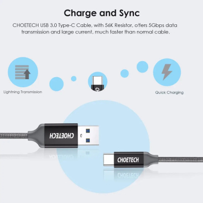 Дата кабель USB 3.0 AM to Type-C 1.0m 2.4A Choetech (AC0007)