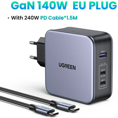 Зарядний пристрій Ugreen 3xUSB 140W (2хUSB-C+USB-A) Gan CD289 with C to C Cable 1.5m (90549)