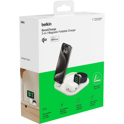 Зарядний пристрій Belkin 3in1 Magnetic Foldable iPhone/Watch/AirPods Qi2 15W white (WIZ029VFWH)