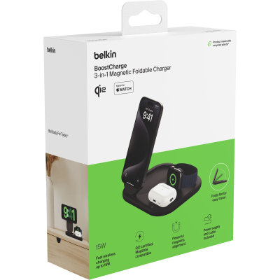 Зарядний пристрій Belkin 3in1 Magnetic Foldable iPhone/Watch/AirPods Qi2 15W black (WIZ029VFBK)