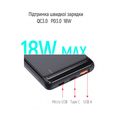 Батарея універсальна ColorWay 10 000 mAh Slim (USB QC3.0 + USB-C Power Delivery 18W) Black (CW-PB100LPG3BK-PD)