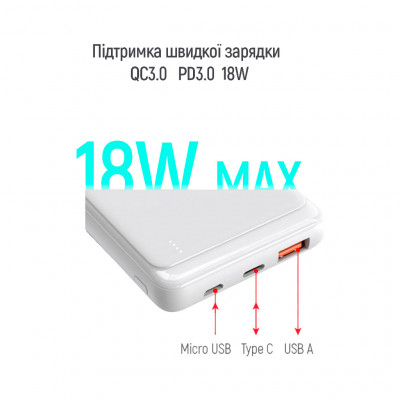 Батарея універсальна ColorWay 10 000 mAh Slim (USB QC3.0 + USB-C Power Delivery 18W) White (CW-PB100LPG3WT-PD)