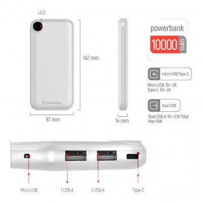 Батарея універсальна ColorWay 10 000 mAh Slim, LCD, White (CW-PB100LPH2WT-D)