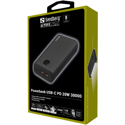 Батарея універсальна Sandberg 30000mAh, PD/20W, QC/3.0, USB-C*2, USB-A*2, LED flashlight 2W (420-68)