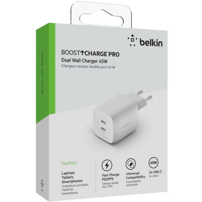 Зарядний пристрій Belkin 45W 2хUSB-С GAN PD PPS white (WCH011VFWH)