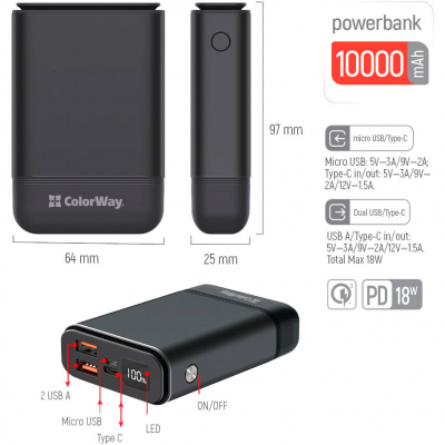 Батарея універсальна ColorWay 10 000 mAh Compact (USB QC3.0 + USB-C Power Delivery 18W) Bl (CW-PB100LPJ3BK-PDD)