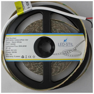 Світлодіодна стрічка LED-STIL 3000K 6 Вт/м 2835 120 діодів IP33 12 Вольт 850 lm тепле світло (DFP2835-120A3-IP33-12V)
