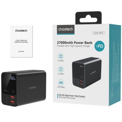 Батарея універсальна Choetech 27000mAh, PD/3.0/100W, USB-C*2/100+100W, USB-A*2/QC3.0/22.5W (B635-BK)