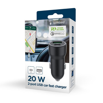 Зарядний пристрій Gembird 1xUSB-A (18W QC3.0) + 1xUSB-C (20W PD) black (TA-UC-A2PDQC20-CAR-01)