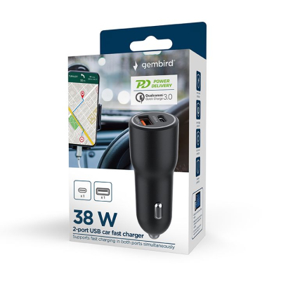 Зарядний пристрій Gembird 1xUSB-A (18W QC3.0) + 1xUSB-C (PD 20W) black (TA-UC-AC2PDQC38-CAR-01)