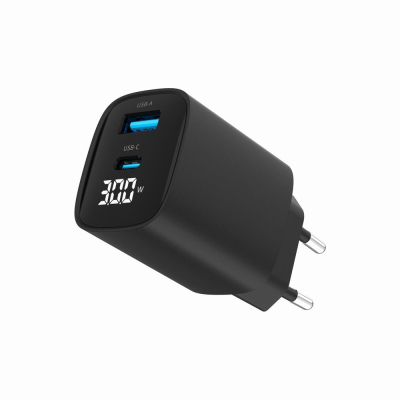 Зарядний пристрій Gembird 1xUSB-A (QC3.0 18W) + 1 Type-C (PD20W) LCD black (TA-UC-PDQC30LCD-BK-01)
