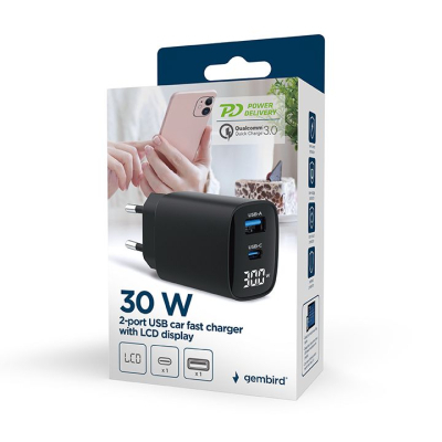 Зарядний пристрій Gembird 1xUSB-A (QC3.0 18W) + 1 Type-C (PD20W) LCD black (TA-UC-PDQC30LCD-BK-01)