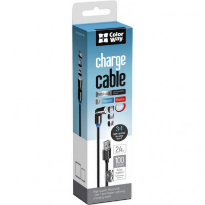 Дата кабель USB 2.0 AM to Lightning + Micro 5P + Type-C 1.0m Magnetic Ro ColorWay (CW-CBUU037-BK)