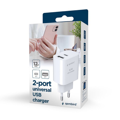 Зарядний пристрій Gembird 1xUSB-A+1xUSB-C 5V/2.4A (12W) white (TA-UC-2AC12-01)