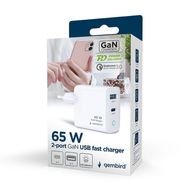 Зарядний пристрій Gembird 1хUSB-A (QC3.0 18W) + 1xType-C (PD 65W) white (TA-UC-PDQC65L-W-01)