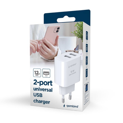 Зарядний пристрій Gembird 2 USB-A 5V/2.4A (12W) white (TA-UC-2A12-01)