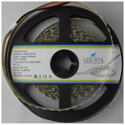 Світлодіодна стрічка LED-STIL 4000K 8,6 Вт/м 2835 120 діодів IP33 12 Вольт 800 lm нейтральне світло (LS2835-120B4-IP33)