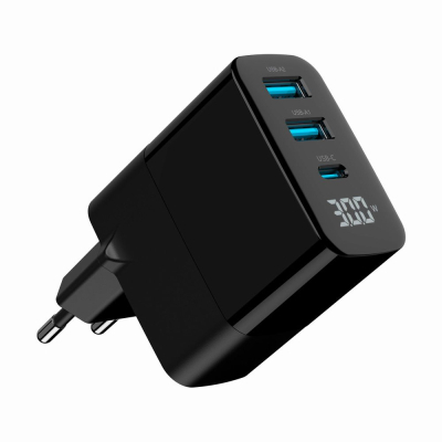 Зарядний пристрій Gembird 2хUSB-A (QC3.0 18W) + 1хType-C (PD20W) LCD black (TA-UC-PDQC30LCD-BK-02)