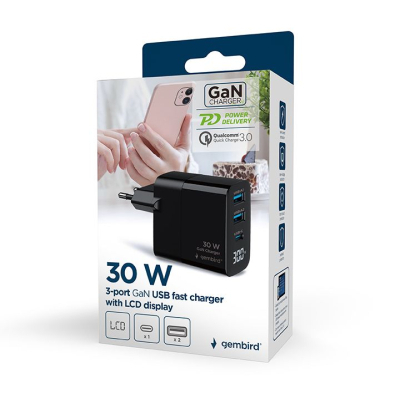 Зарядний пристрій Gembird 2хUSB-A (QC3.0 18W) + 1хType-C (PD20W) LCD black (TA-UC-PDQC30LCD-BK-02)