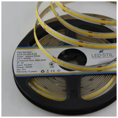 Світлодіодна стрічка LED-STIL 5000K 9 Вт/м COB 480 діодів IP33 24 Вольта 990 lm біле денне світло (UC5-24-480-8-90)