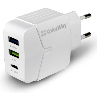 Зарядний пристрій ColorWay 2USB + Type-C 3.4A white (CW-CHS005-WT)