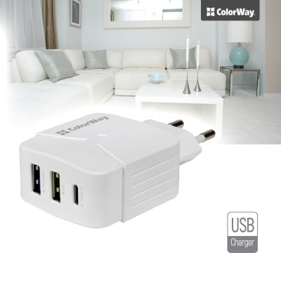 Зарядний пристрій ColorWay 2USB + Type-C 3.4A white (CW-CHS005-WT)