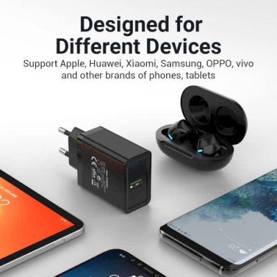 Зарядний пристрій Vention 1xUSB 18W (USB-A) QC3.0 black (FABB0-EU)