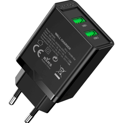 Зарядний пристрій Vention 2xUSB 36W (2xUSB-A) QC3.0 black (FBAB0-EU)