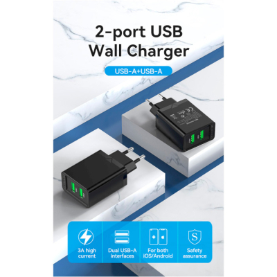 Зарядний пристрій Vention 2xUSB 36W (2xUSB-A) QC3.0 black (FBAB0-EU)