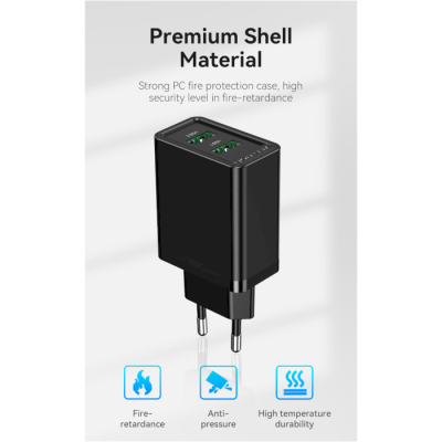 Зарядний пристрій Vention 2xUSB 36W (2xUSB-A) QC3.0 black (FBAB0-EU)