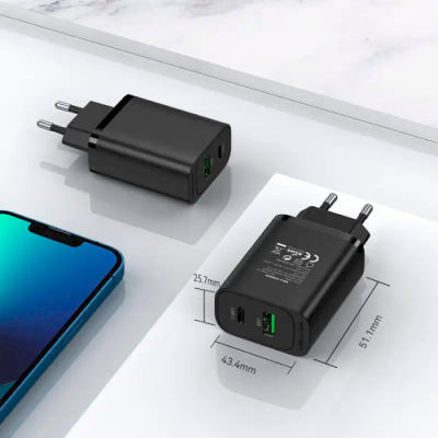 Зарядний пристрій Vention 2xUSB 38W (USB-C+USB-A) PD+QC3.0 black (FBIB0-EU)