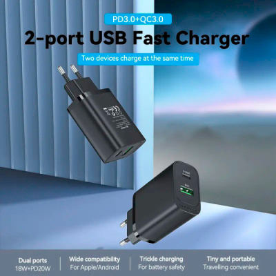 Зарядний пристрій Vention 2xUSB 38W (USB-C+USB-A) PD+QC3.0 black (FBIB0-EU)