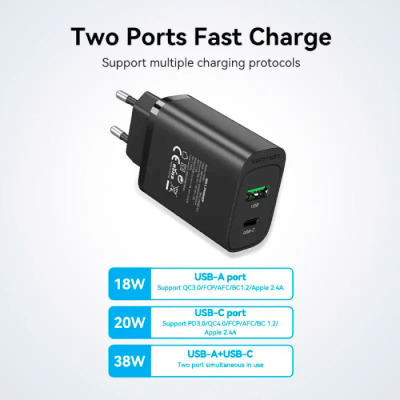 Зарядний пристрій Vention 2xUSB 38W (USB-C+USB-A) PD+QC3.0 black (FBIB0-EU)