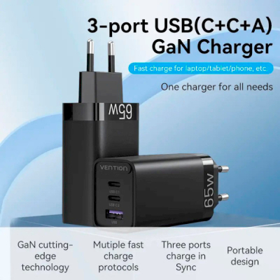 Зарядний пристрій Vention 3xUSB 65W (2xUSB-C+USB-A) PD3.0+QC4.0 black (FEDB0-EU)
