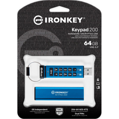 USB флеш накопичувач Kingston 64GB IronKey Keypad 200 AES-256 Encrypted Blue USB 3.2 (IKKP200/64GB)