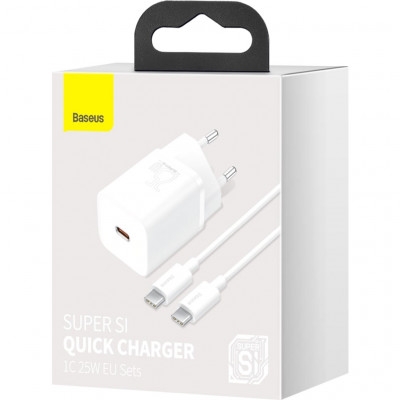 Зарядний пристрій Baseus 1xUSB 25W (USB-C) + Cable Type-C white (TZCCSUP-L02)