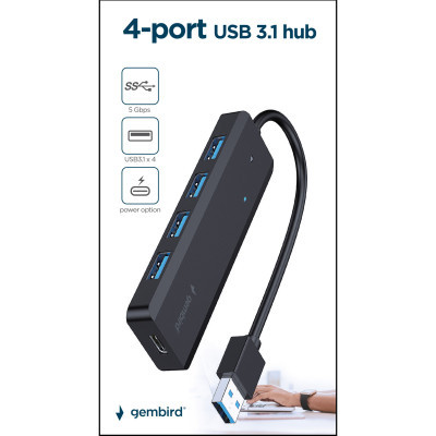 Концентратор Gembird 4 ports USB 3.1,USB-A, USB-C PD (UHB-U3P4P-02)