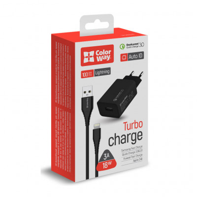 Зарядний пристрій ColorWay 1USB Quick Charge 3.0 (18W) black + cable Lightning (CW-CHS013QCL-BK)