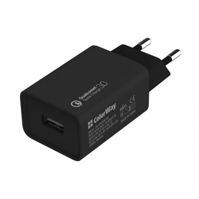 Зарядний пристрій ColorWay 1USB Quick Charge 3.0 (18W) black + cable Type C (CW-CHS013QCC-BK)