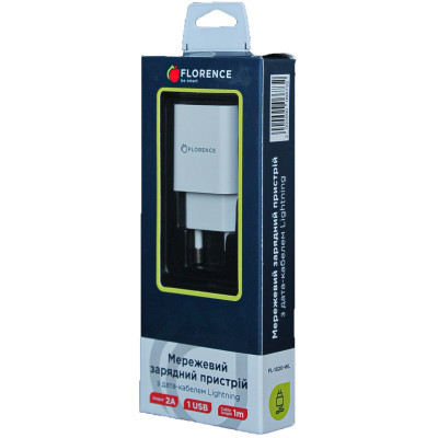 Зарядний пристрій Florence 1USB 2A + Lightning cable white (FL-1020-WL)