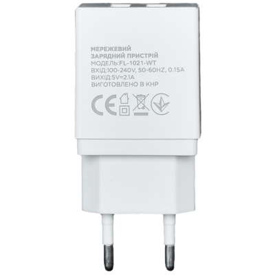 Зарядний пристрій Florence 2USB 2A + Type-C cable white (FL-1021-WT)